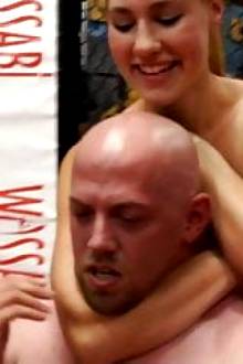 Redhead destroys bald guy